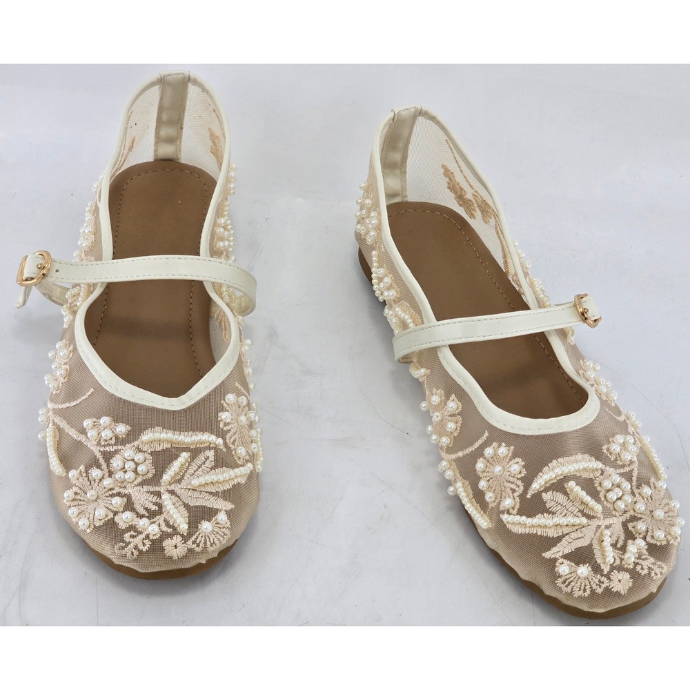 Chic Pearl Mesh Mary Jane Flats Womens 7.5 Beige Floral - Excellent